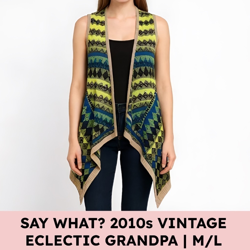 Say What? 2010s Vintage Knit Sweater Vest Neon Geometric Eclectic Grandpa M - Picture 7 of 7